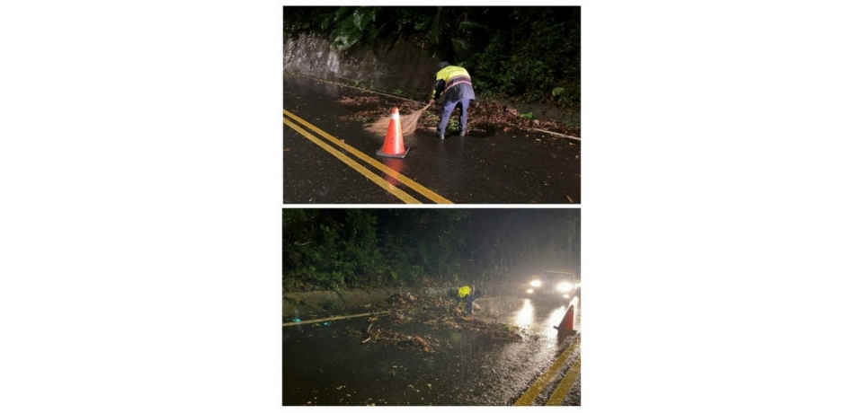 樹葉佈滿路面  雲林縣斗南分局華山警冒雨清除維交安(圖)