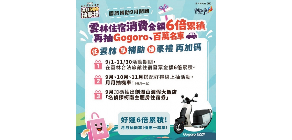 平日國旅補助升級！雲林9月起加碼住宿6倍抽獎 年底還有機會把百萬名車帶回家(圖)